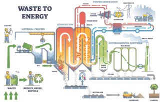 Waste to energy process scheme with labeled description steps outline diagram. Educational power generation station principle and electricity conversion from trash material sorting vector illustration